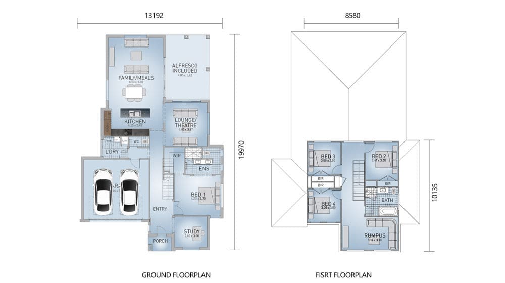 Two-level house floor plan with garage, kitchen, lounge/theatre, alfresco, bedrooms, bathrooms, and rumpus room.