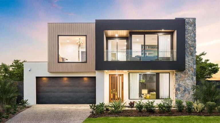 Modern two-story house with large windows, stone accent wall, wood front door, double garage, and landscaped yard.