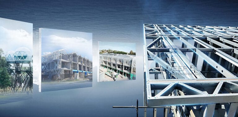 Collage of buildings and steel frameworks under construction at different stages, set against a blue background.