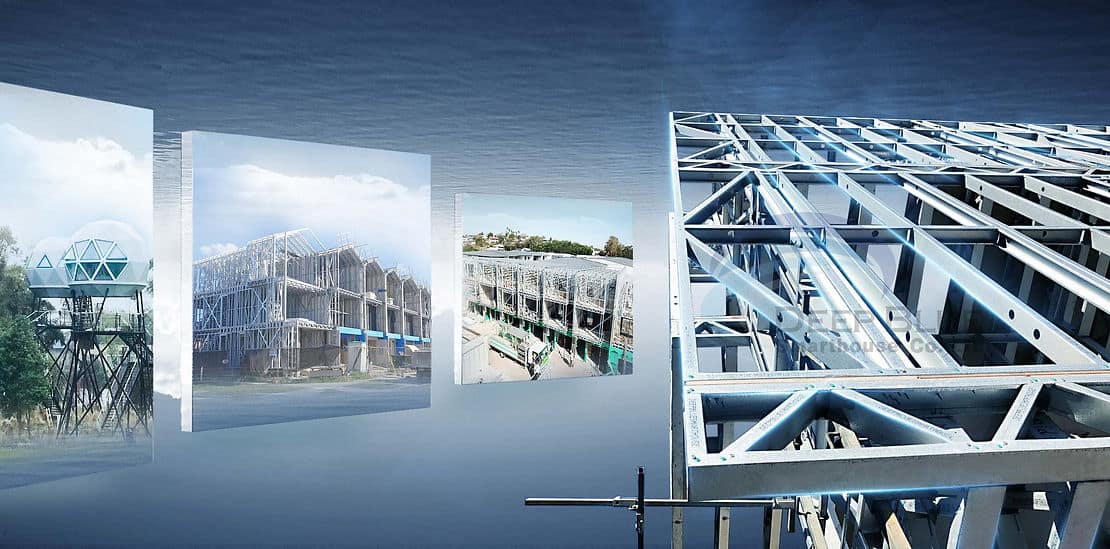 Collage of buildings and steel frameworks under construction at different stages, set against a blue background.