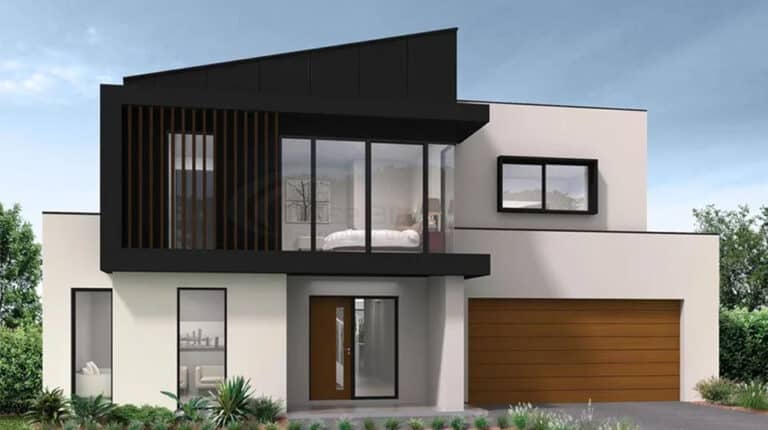 Modern two-story house with large windows, flat roof, white walls, black trim, wooden garage door, minimal landscaping.