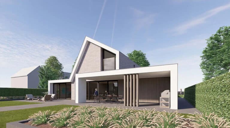 Modern house with geometric lines, big windows, and patio seating, set amid greenery and hedges under a blue sky.