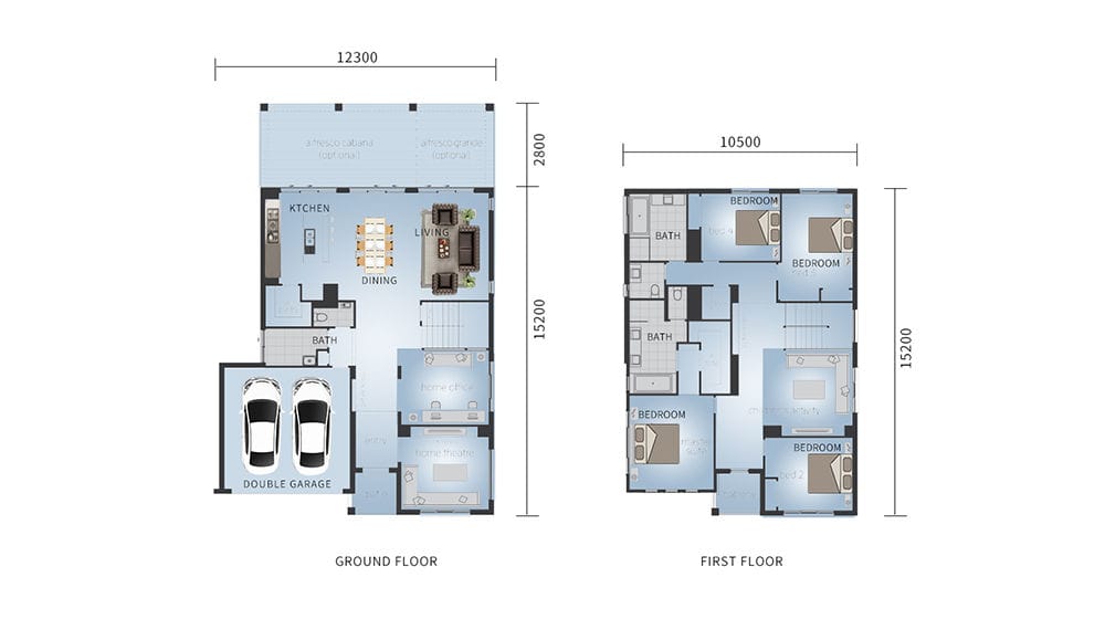 Two-story house plan: double garage, kitchen, dining, living, bath below; 4 bedrooms, 2 baths above. Dimensions in mm.