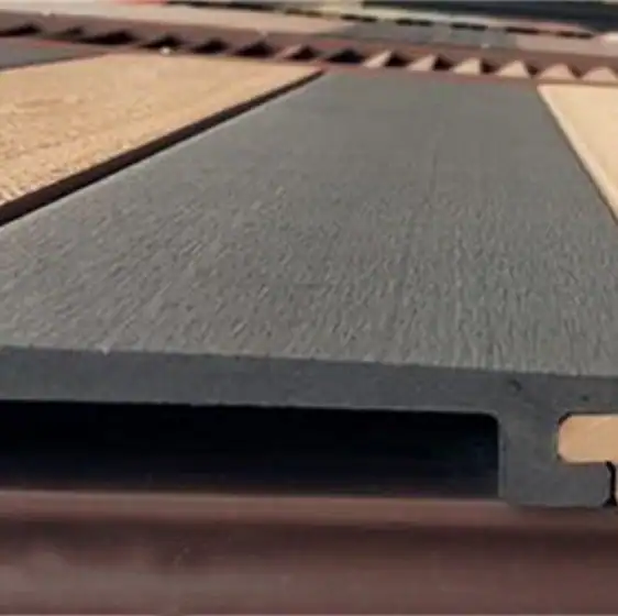 Close-up of composite decking boards with visible texture and hollow core design.