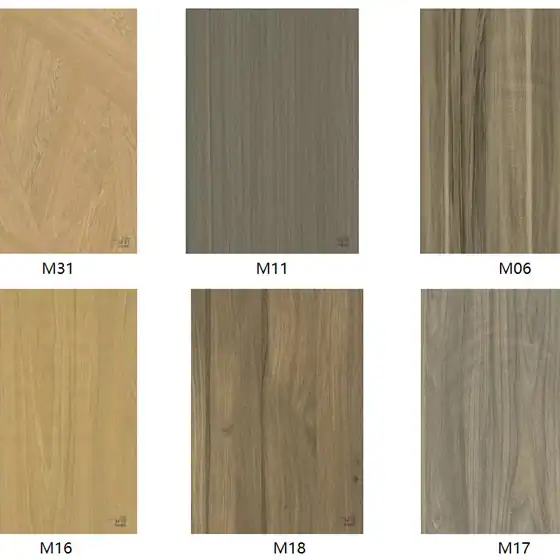 Six rectangular wood veneer samples labeled M31, M11, M06, M16, M18, and M17 with varied grain patterns and shades.