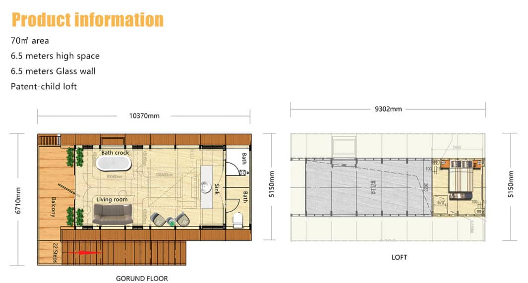Small house floor plan: ground floor with bath, kitchen, living room; loft above. Dimensions listed at the top.