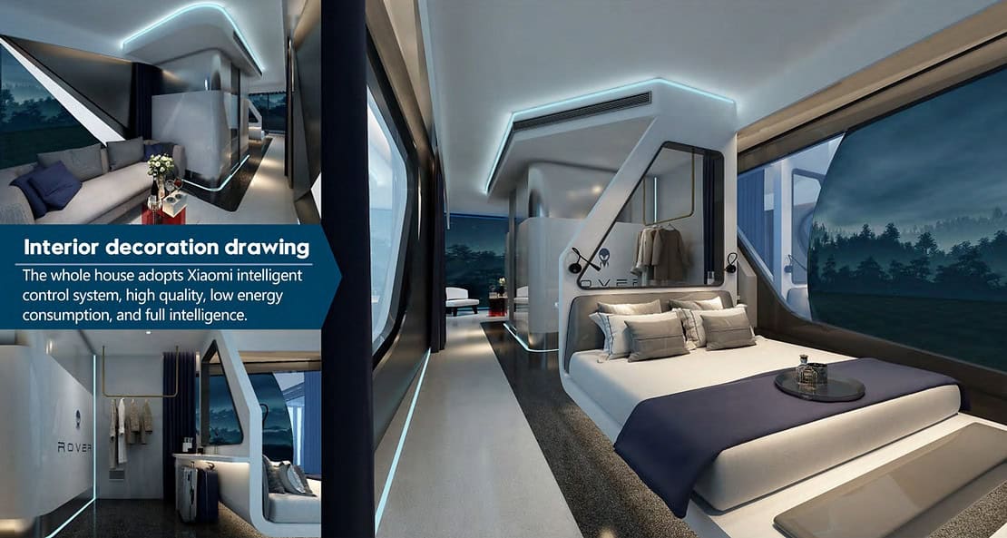 Modern RV with double bed, sleek décor, ambient lighting, big windows, control panel, and smart minimalist design.