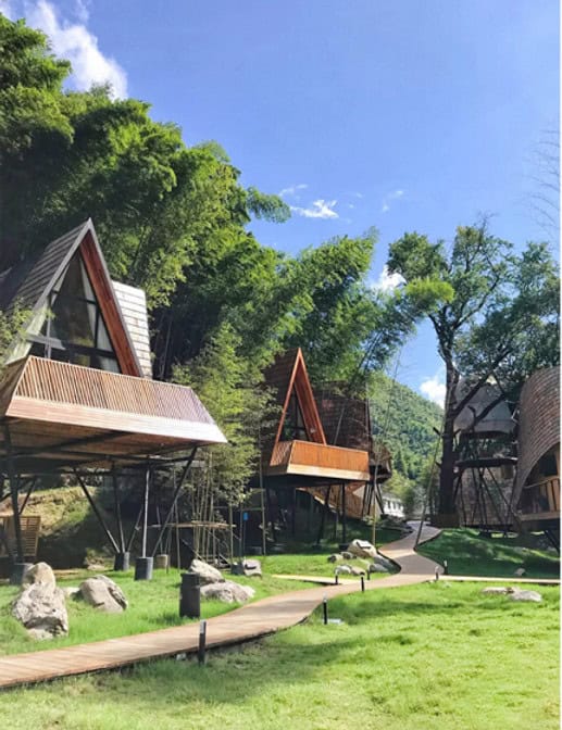 Modern A-frame cabins on stilts, set among grass and trees with a wooden walkway beneath a clear blue sky.