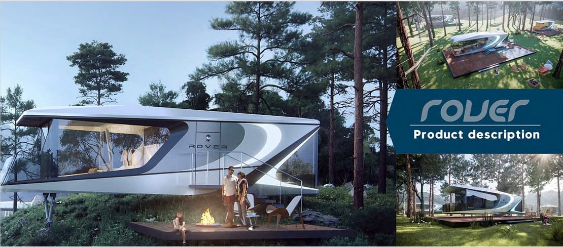 A "ROVER" RV is parked among pine trees by a family at a campfire; insets show an overhead view and product description text.