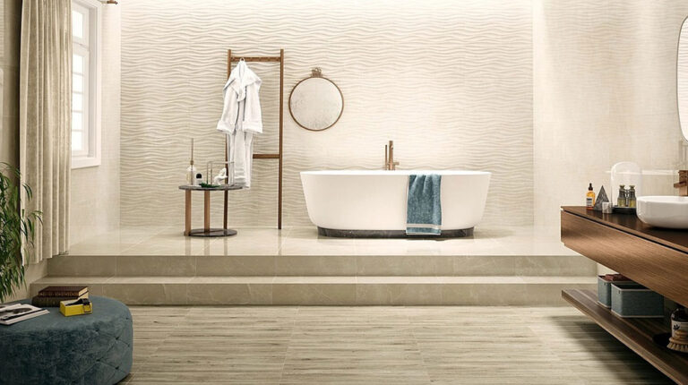 Luxury Bayonne bathroom with freestanding tub, wavy tiles, round mirror, robe stand, and wooden vanity with sink.