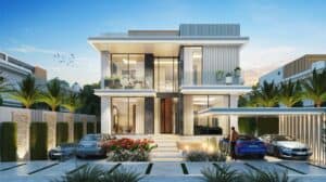 Modern two-story glass house, landscaped yard, luxury cars in driveway, and palm trees at sunset.