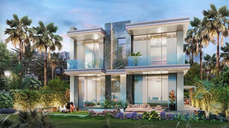 Modern two-story house with large windows, palm trees, landscaped gardens, and people sitting on the lawn.