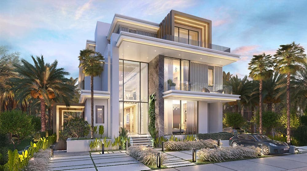 Modern house with large windows, minimalist yard, parked car, and palm trees under a partly cloudy sky.
