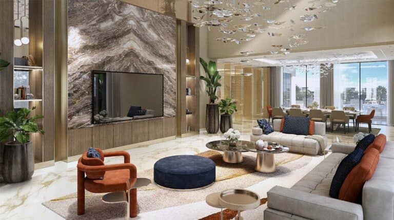 Spacious modern living room with marble floors, feature wall, contemporary furniture, plants, and large windows with light.