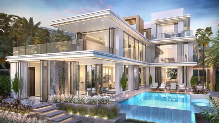 Three-story modern house with glass windows, balconies, a pool, and landscaped grounds beneath a clear sky.