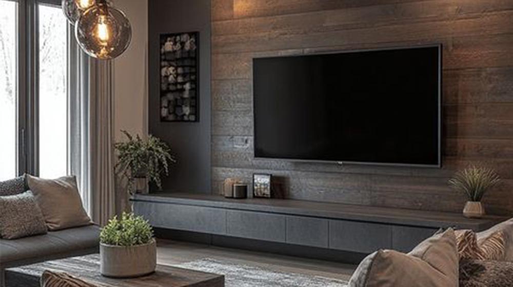 Bright living room with sleek TV, cozy sofas, and natural light from large windows, featuring stylish decor and a minimalist design for a contemporary home environment.