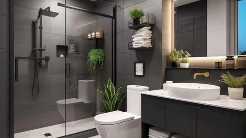 Modern black bathroom design with walk-in shower, white toilet, and sleek vanity.