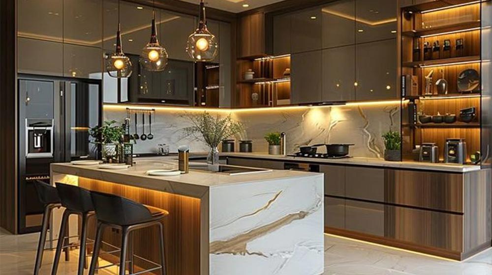 Elegant kitchen with sleek cabinetry, warm lighting, marble countertops, and contemporary appliances, showcasing modern design and high-end finishes for stylish living.