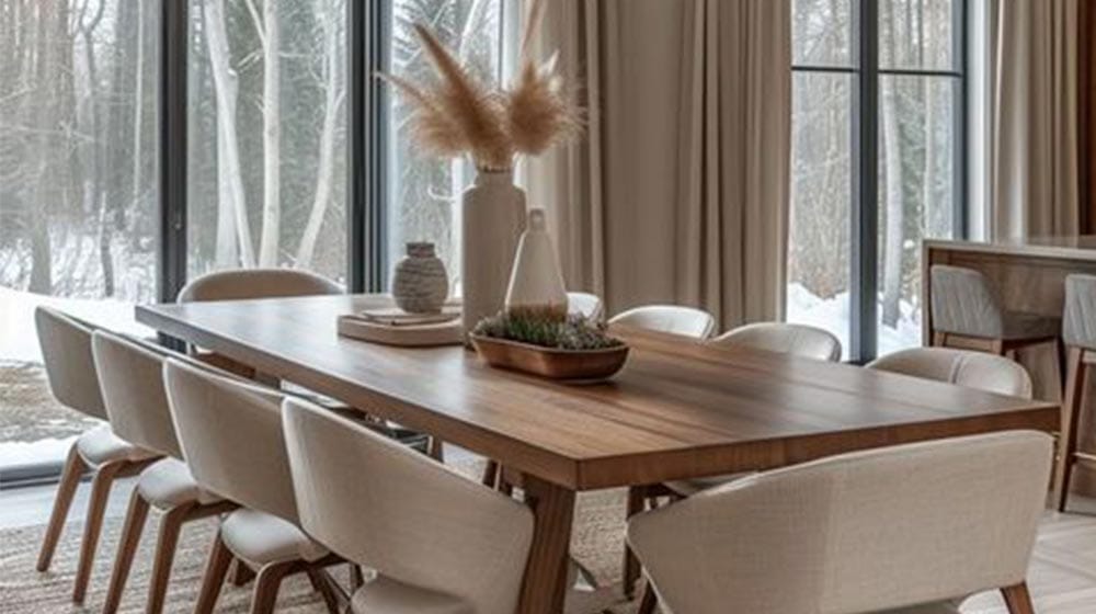 Spacious dining area featuring a sleek wooden table and comfortable beige chairs, surrounded by large windows letting in natural light, perfect for family meals or entertaining guests.
