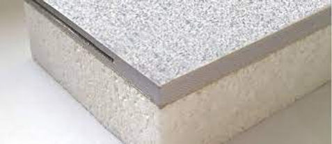 Close-up of a panel with a thick white foam core and a thin, textured gray surface layer.