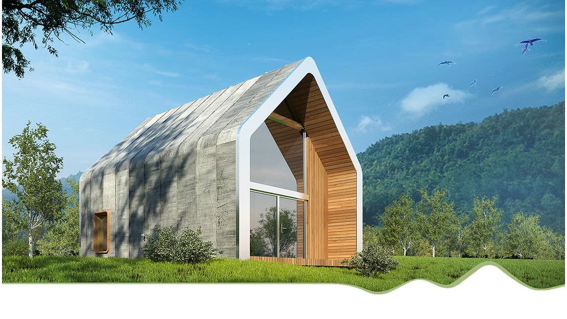 Small modern house with curved concrete, wood accents, and big window in a grassy field, trees, mountains, and birds.