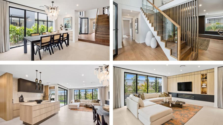 Collage of modern interiors: dining area, staircase, kitchen, and living room with large windows and sleek furnishings.