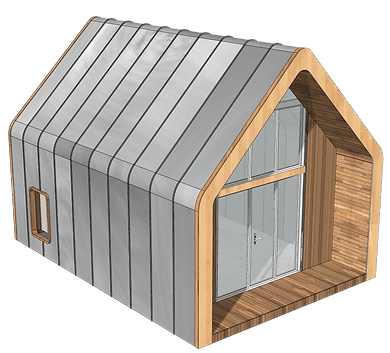 Small modern house with a metal roof, large front windows, and wood trim around the roof and entrance.