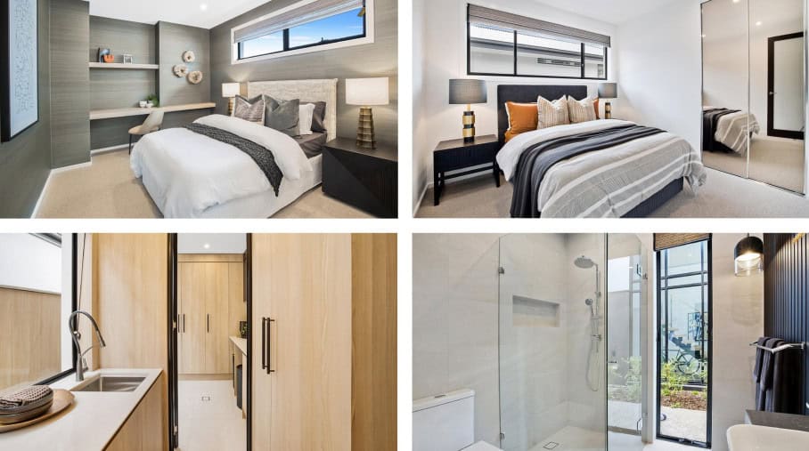 Modern bedroom, guest room, laundry, and bathroom with minimalist decor, neutral colors, and contemporary style.