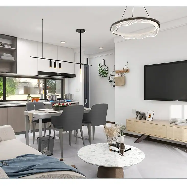 Open-plan living and dining area with neutral tones, sleek furniture, wall TV, and large windows for natural light.