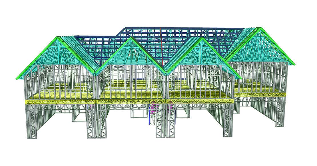 3D rendering of a house frame with steel beams, floors, and roof trusses showing construction details.
