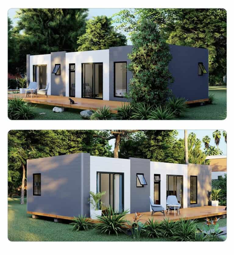 Modern prefab house with white/gray exterior, large windows, wooden deck, and greenery in two views.
