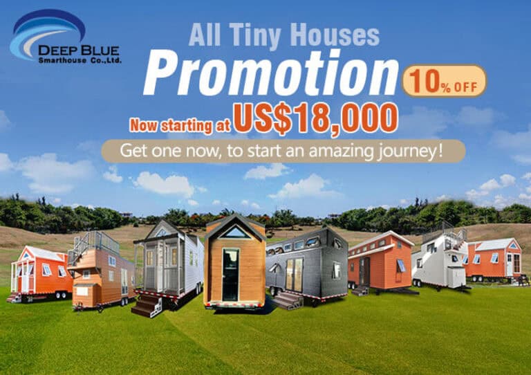 Deep Blue Smarthouse ad with tiny houses on grass, 10% off, prices from US$18,000.