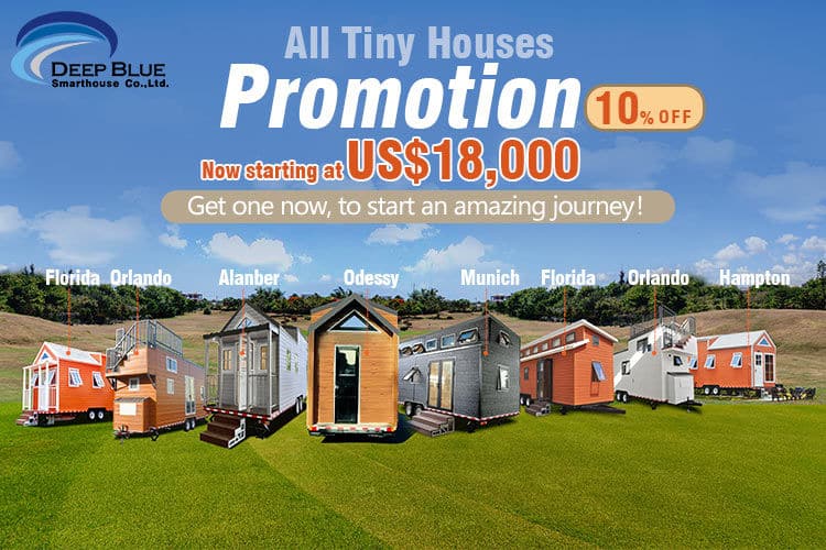 Tiny houses on grass with a blue sky, promo: from $18,000 plus 10% off by Deep Blue Smarthouse Co., Ltd.