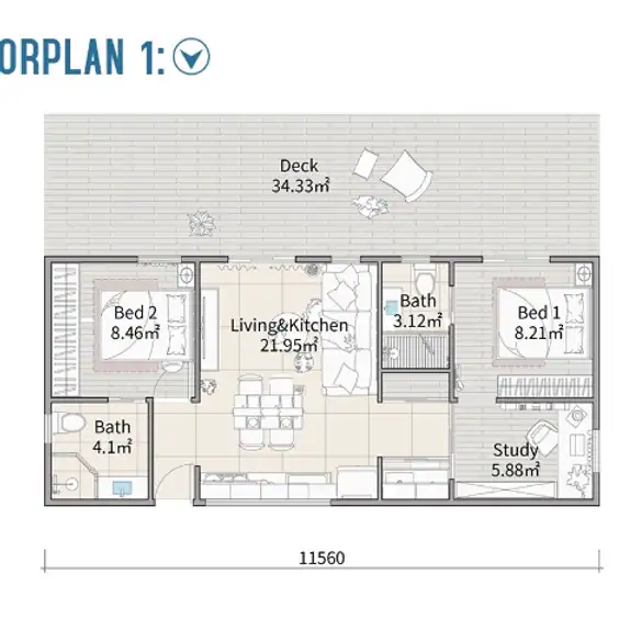 Floor plan: 2 beds, 2 baths, living/kitchen, study, deck. Room sizes in m². Width: 11,560 mm.