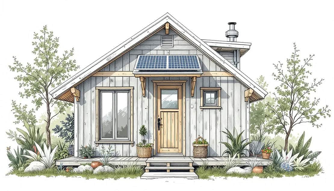 Small wooden house with porch, potted plants, and solar panel on the roof, surrounded by trees and greenery.
