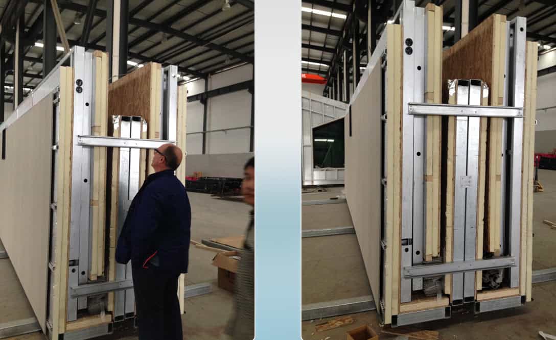 A man stands next to a large metal-framed modular wall in an industrial warehouse, seen from two different angles.
