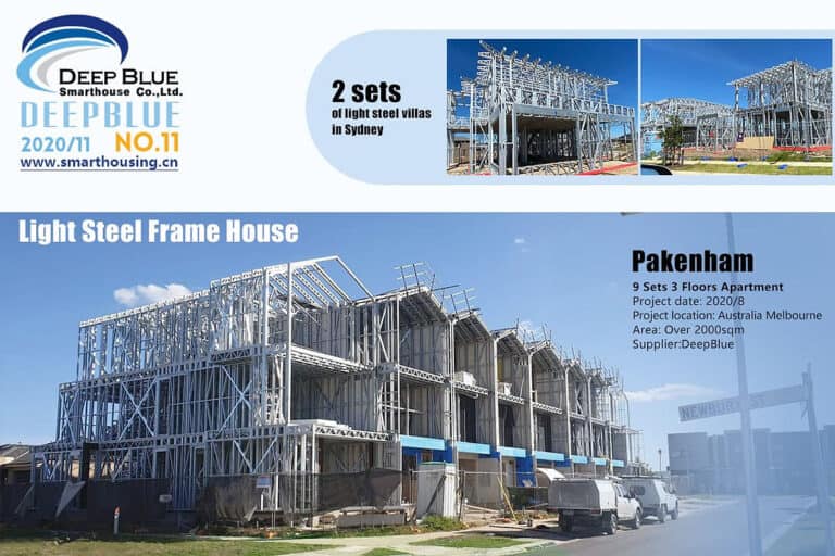 DeepBlue SmartHouse promo: light steel frame house build in Pakenham, Melbourne with specs and company logo.