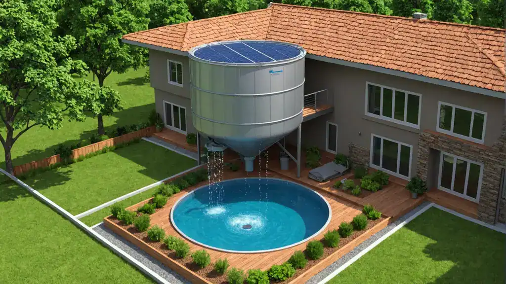 A solar-topped water tank stands over a round backyard pool, with water cascading from the tank into the pool below.