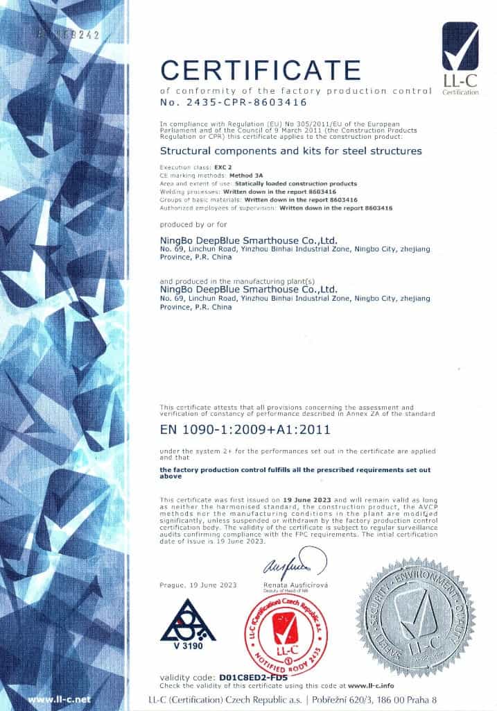 Certificate for Ningbo DeeplBlue Smarthouse, EN 1090-1:2009+A1:2011 compliance, issued June 19, 2023.