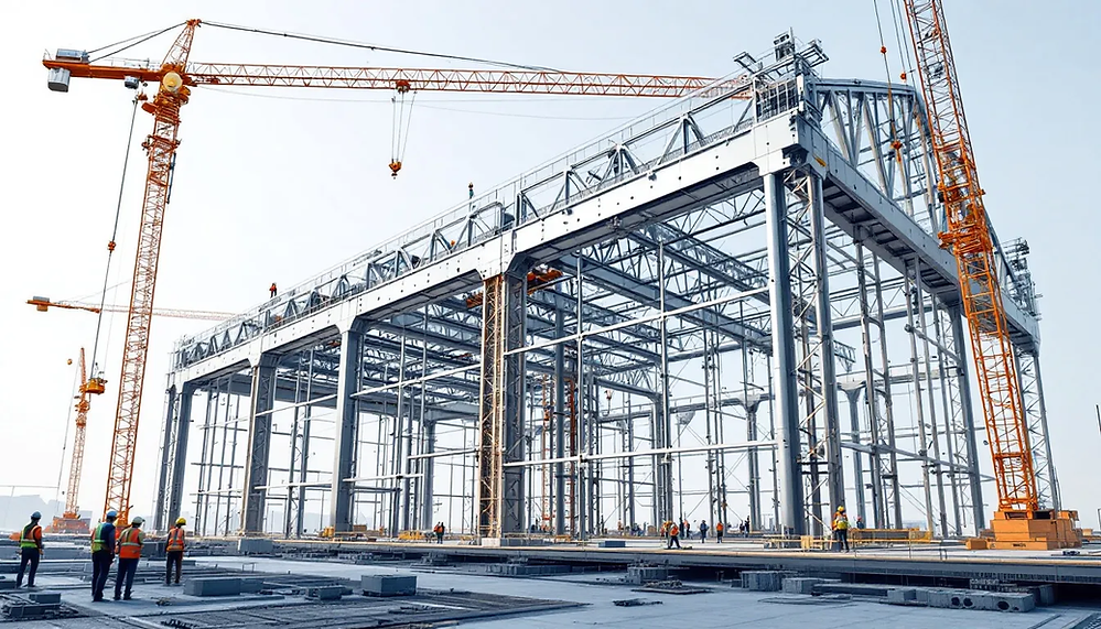 The process of erecting the steel frame of a building.