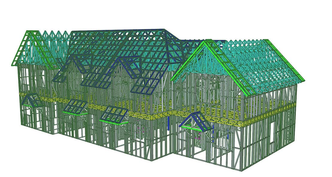 Digital rendering of a house frame with steel beams and trusses, showing the roof and wall skeleton on a white background.