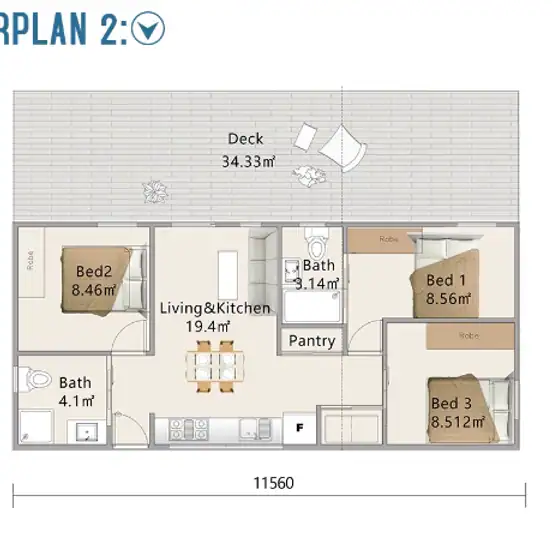 Three-bedroom floor plan with open living/kitchen, two baths, pantry, deck, and labeled room sizes.