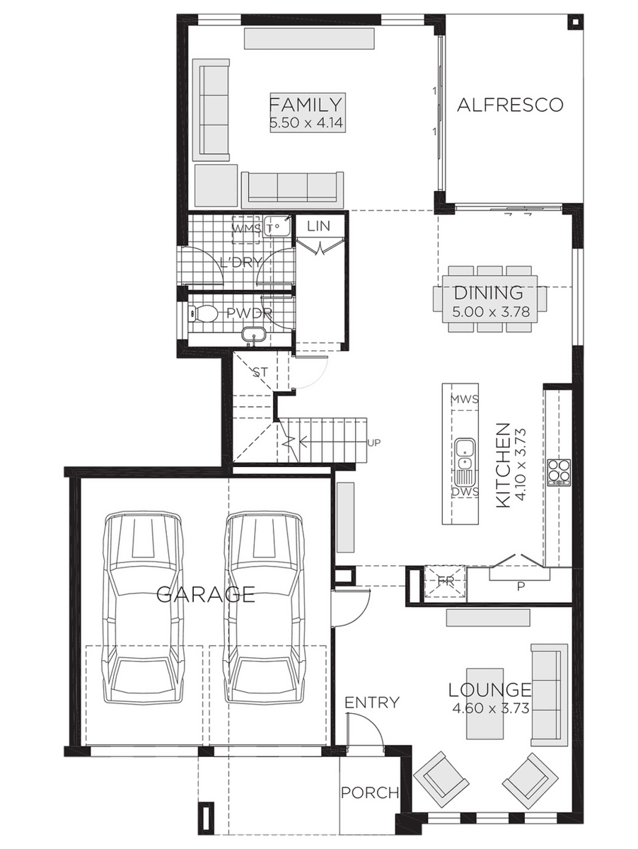 Black and white house floor plan with garage, lounge, kitchen, dining, family room, alfresco, porch, entry, powder room, laundry.