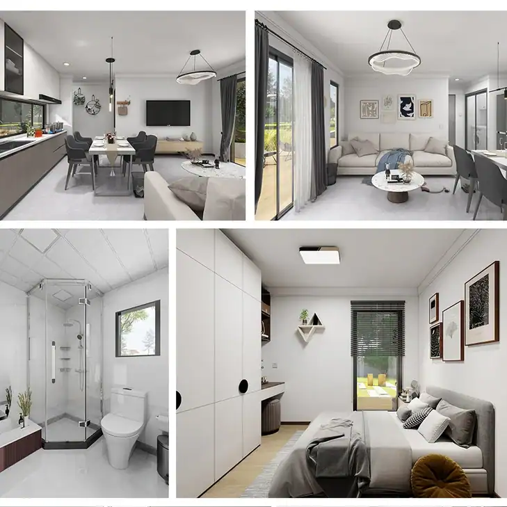 Collage of modern apartment interiors: kitchen, dining, living room, bathroom with shower, and bedroom with desk.