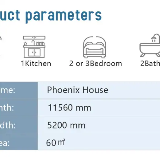 Phoenix House: 1 kitchen, 2–3 bedrooms, 2 baths, 11560x5200 mm, total area 60 m².
