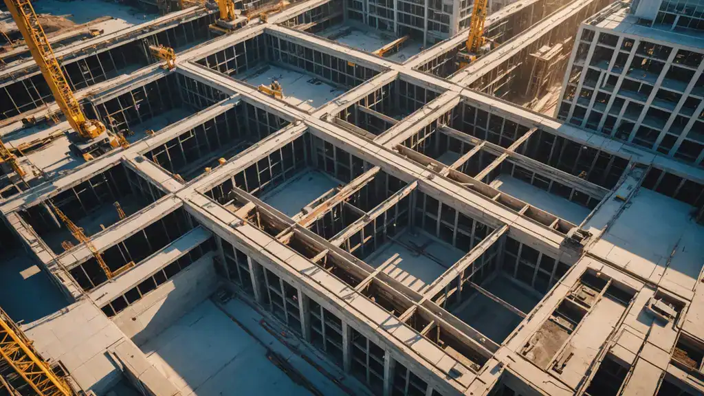 Aerial view of a construction site with cranes and grid-arranged concrete structures in progress.