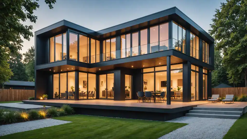 Modern two-story house with large glass windows, black frame exterior, patio, and landscaped yard with trees and a fence.