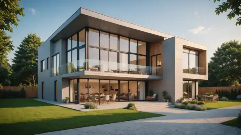 Modern two-story house with big windows, spacious lawn, and outdoor seating on a sunny day.