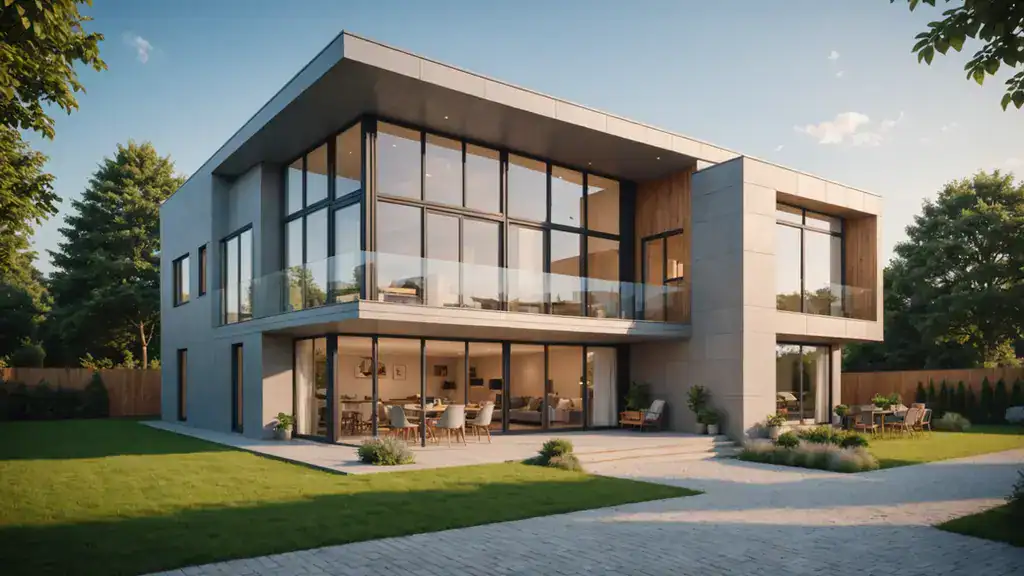 Modern two-story house with big windows, spacious lawn, and outdoor seating on a sunny day.