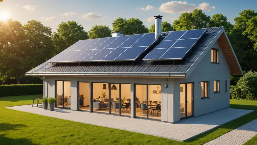 Modern house with large windows and rooftop solar panels, on a grassy lawn with trees in daylight.